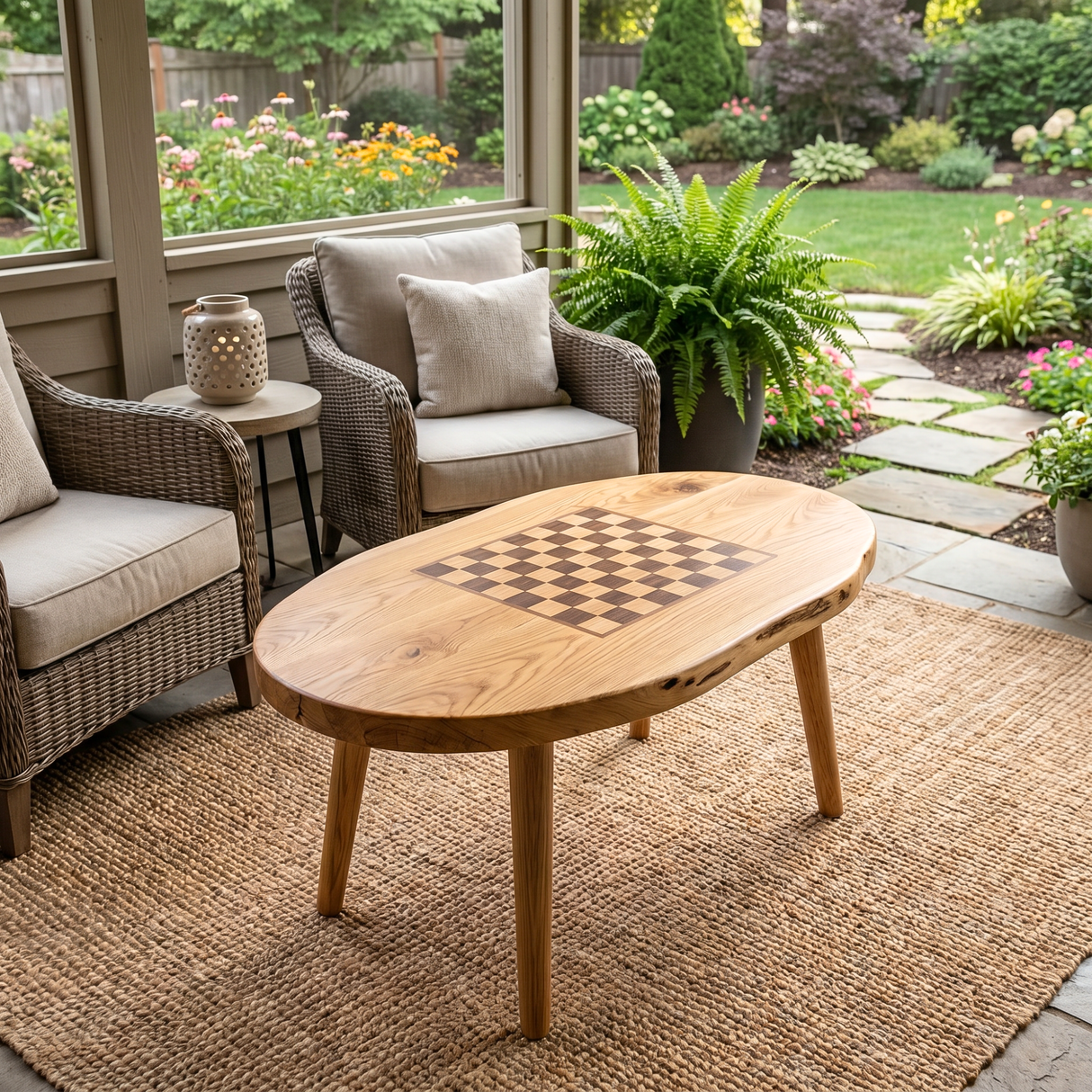 Handcrafted Solid Wood Chess Coffee Table with Freeform Top and Tapered Legs