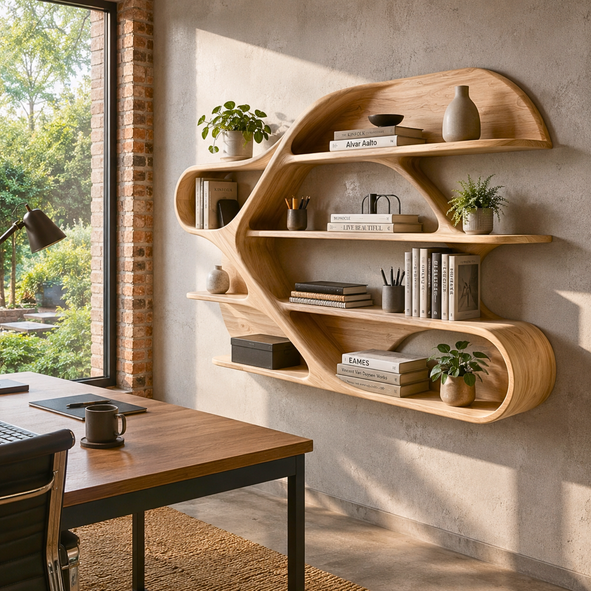 Organic Solid Wood Wall Bookshelf with Sculptural Open Shelves