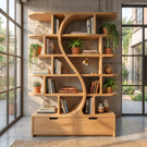 Organic Solid Wood Bookshelf with S Curve Divider and Base Drawers