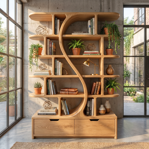 Organic Solid Wood Bookshelf with S Curve Divider and Base Drawers