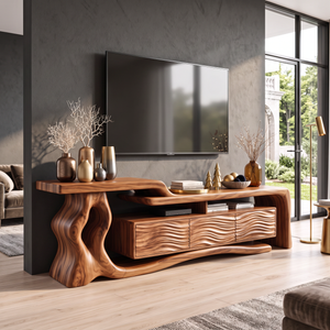 TV Stand with Sculptural Tree Root Frame and Wave Carved Cabinet Doors