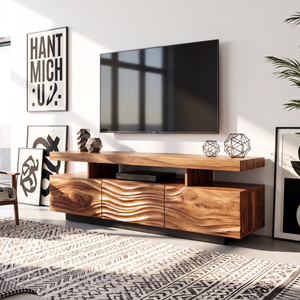 Solid Wood TV Stand with Floating Top and Sculpted Wave Front Cabinet