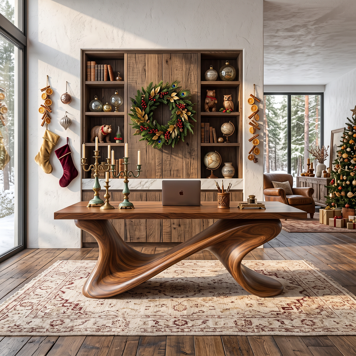 Sculptural Solid Wood Executive Desk with Flowing Cross Base