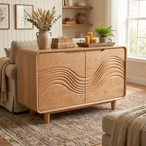Solid Wood Two Door Sideboard with Wave Relief FrontSolid Wood Two Door Sideboard with Wave Relief Front