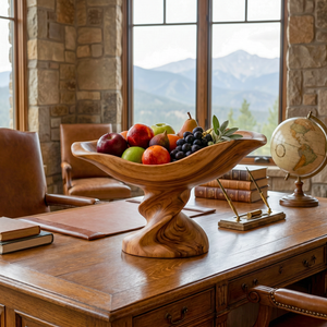Raised Solid Wood Fruit Bowl with Sculptural Pedestal Base and Flowing Boat Shape