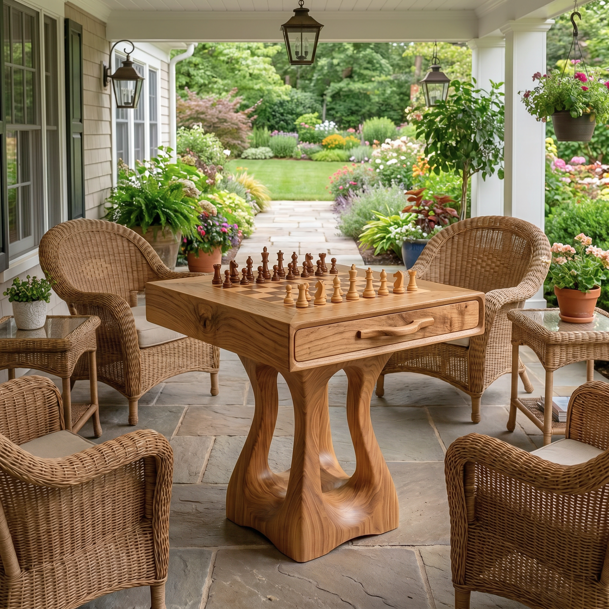 Handcrafted Solid Wood Chess Table with Drawer and Carved Pedestal Base