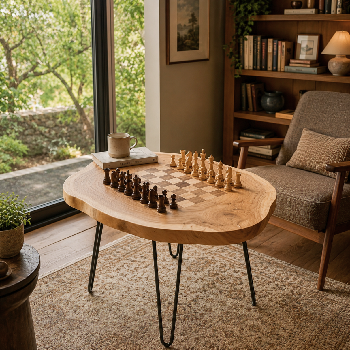 Handcrafted Solid Wood Chess Coffee Table with Organic Slab Top and Hairpin Legs