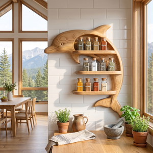 Handmade Solid Wood Dolphin Spice Organizer with Three Open Kitchen Shelves