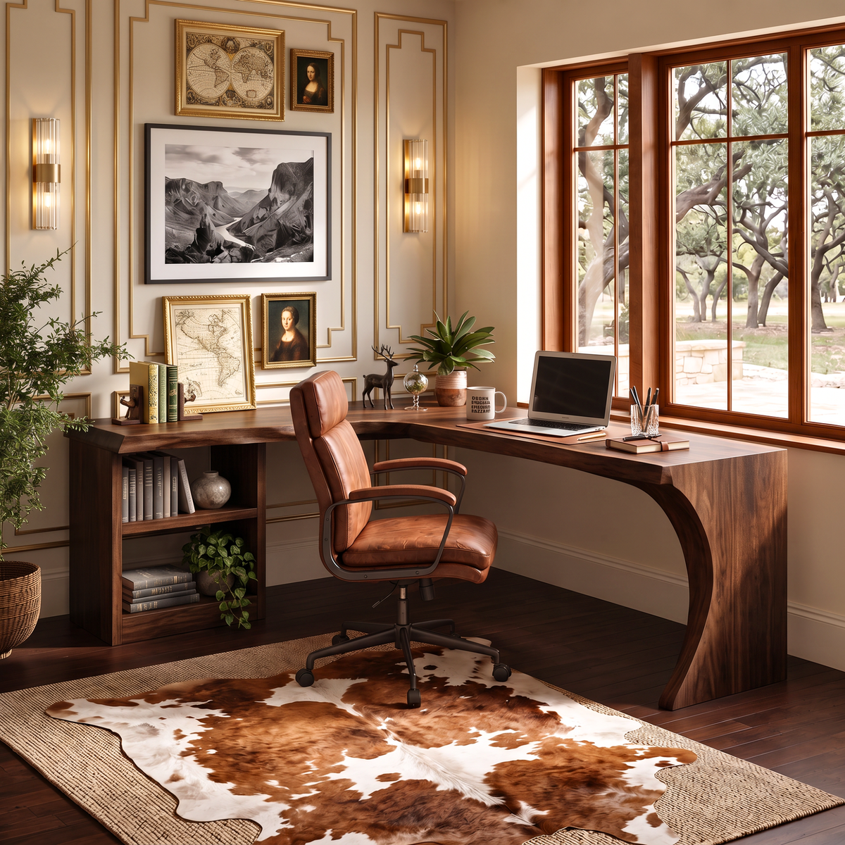 Organic L-Shaped Solid Wood Desk With Open Shelf For Home Office