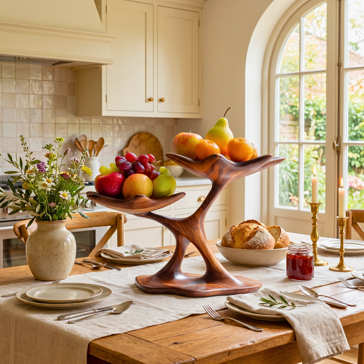 Handcrafted Solid Wood Two-Tier Fruit Bowl with Sculptural Wishbone Branch Stand