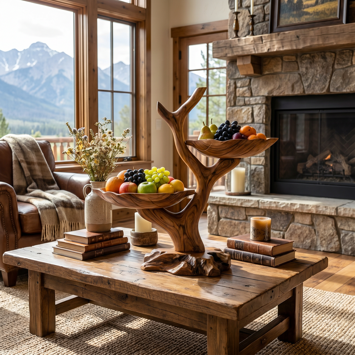 Organic Solid Wood Fruit Display Bowl with Branch Stand and Dual Leaf-Shaped Trays