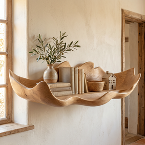 Handcrafted Solid Wood Bloom Tray Wall Shelf with Sculpted Petal Edge