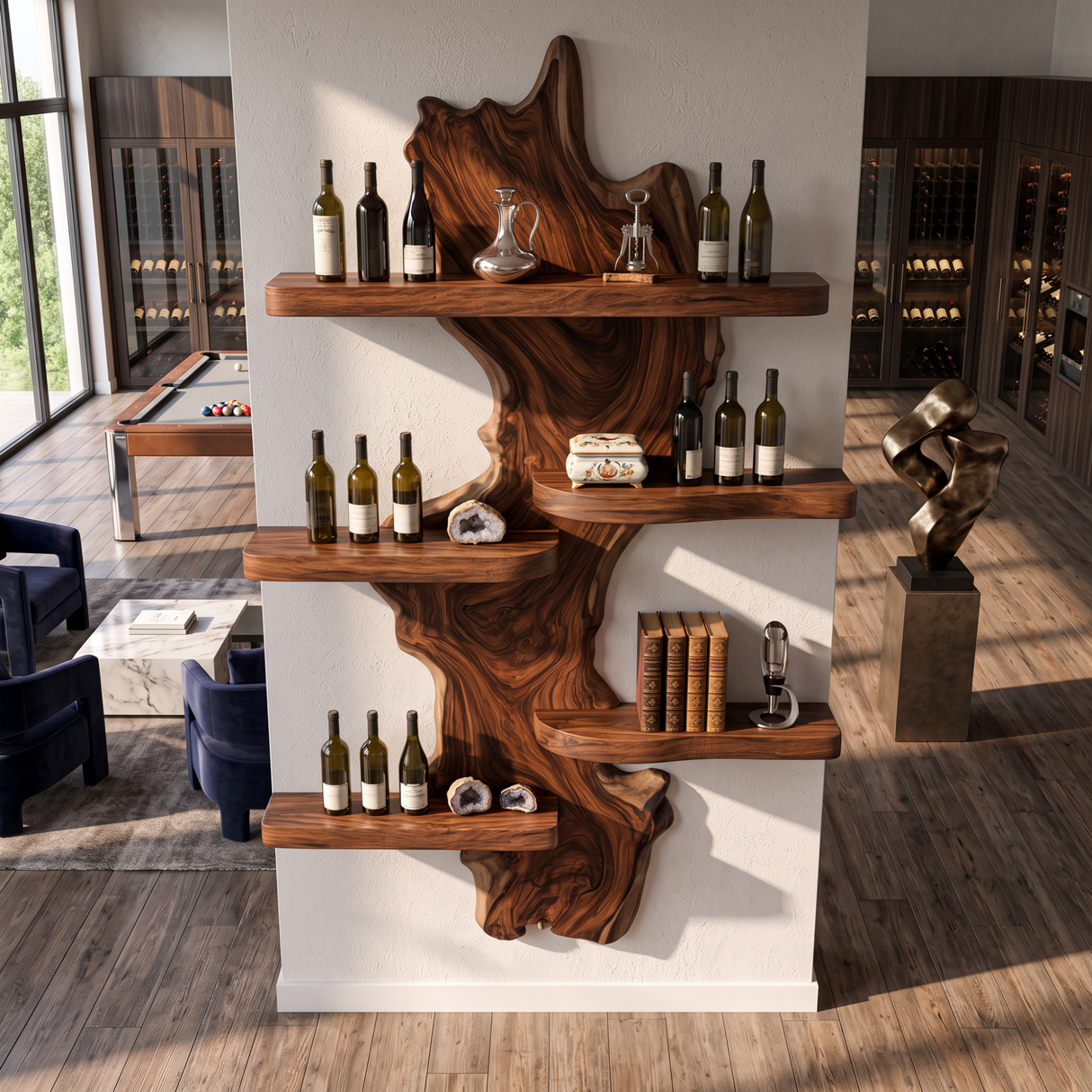 Wall Mounted Wine Rack Solid Wood with Sculptural Live Edge Center and Display Shelves
