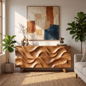Sideboard Solid Wood with Sculptural Wave Carved Doors for Living Room Decor