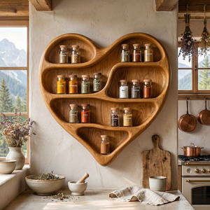 Solid Wood Heart Spice Rack with Organic Multi-Level Open Shelves