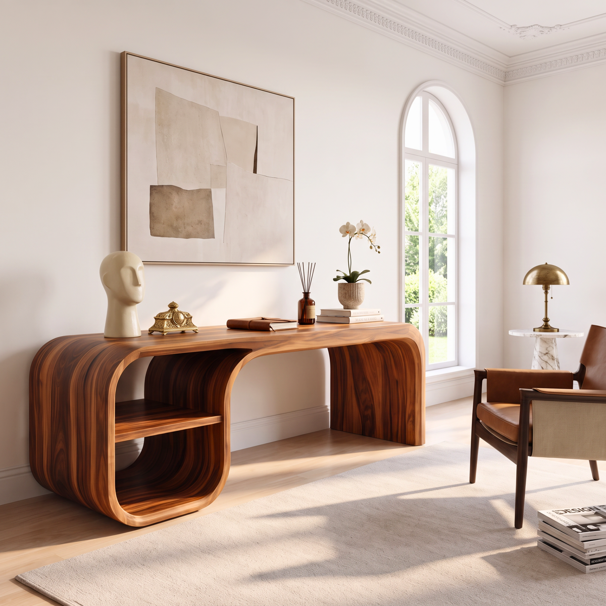 Sculptural Curved Solid Wood Desk With Open Shelf For Home Office