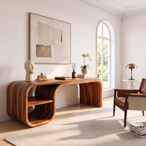 Sculptural Curved Solid Wood Desk With Open Shelf For Home Office