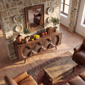 Carved Wave Front Solid Wood Sideboard for Living and Dining