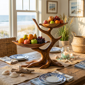 Sculptural Wood Fruit Bowl with Branch-Inspired Stand and Dual Display Bowls