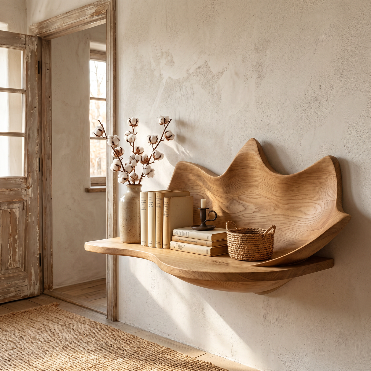 Handcrafted Solid Wood Sculpted Leaf Wall Shelf with Curved Display Tray