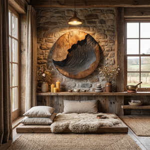 Oval Solid Wood Wall Sculpture with Dark Textured Relief and Natural Grain Contrast