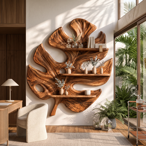 Tropical Leaf Solid Wood Wall Shelf with Sculptural Botanical Design