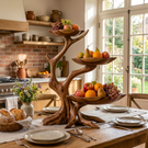 Three-Tier Sculptural Solid Wood Fruit Bowl with Organic Tree Branch Stand