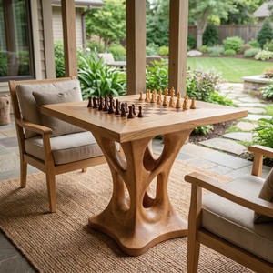 Handcrafted Solid Wood Chess Table with Sculptural Open Pedestal Base