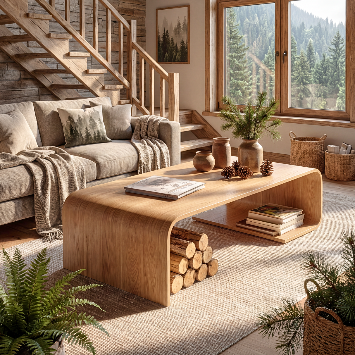 Solid Wood Coffee Table with Curved Waterfall Frame and Shelf