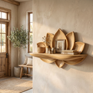 Natural Solid Wood Lotus Flower Wall Shelf with Sculpted Petal Back