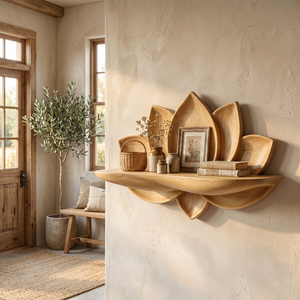 Natural Solid Wood Lotus Flower Wall Shelf with Sculpted Petal Back