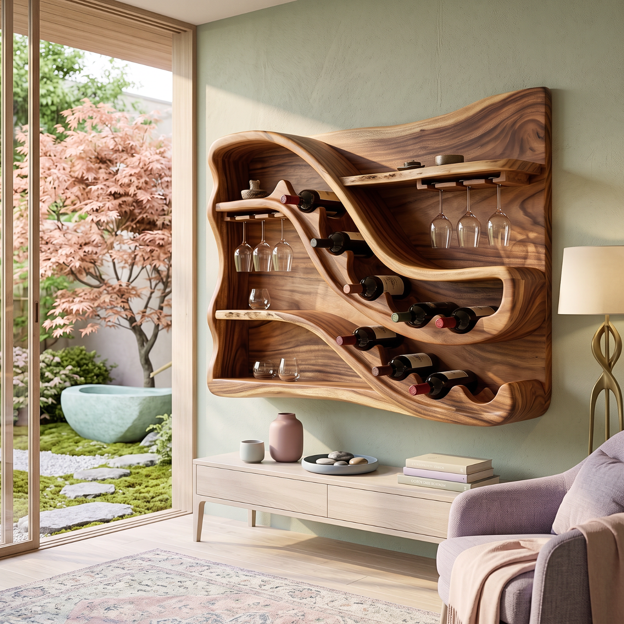 Wall Mounted Wine Rack Solid Wood with Sculptural Wave Shelves