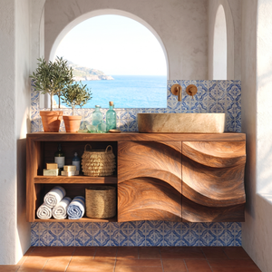 Sculptural Solid Wood Bathroom Vanity Cabinet with Flowing Carved Front