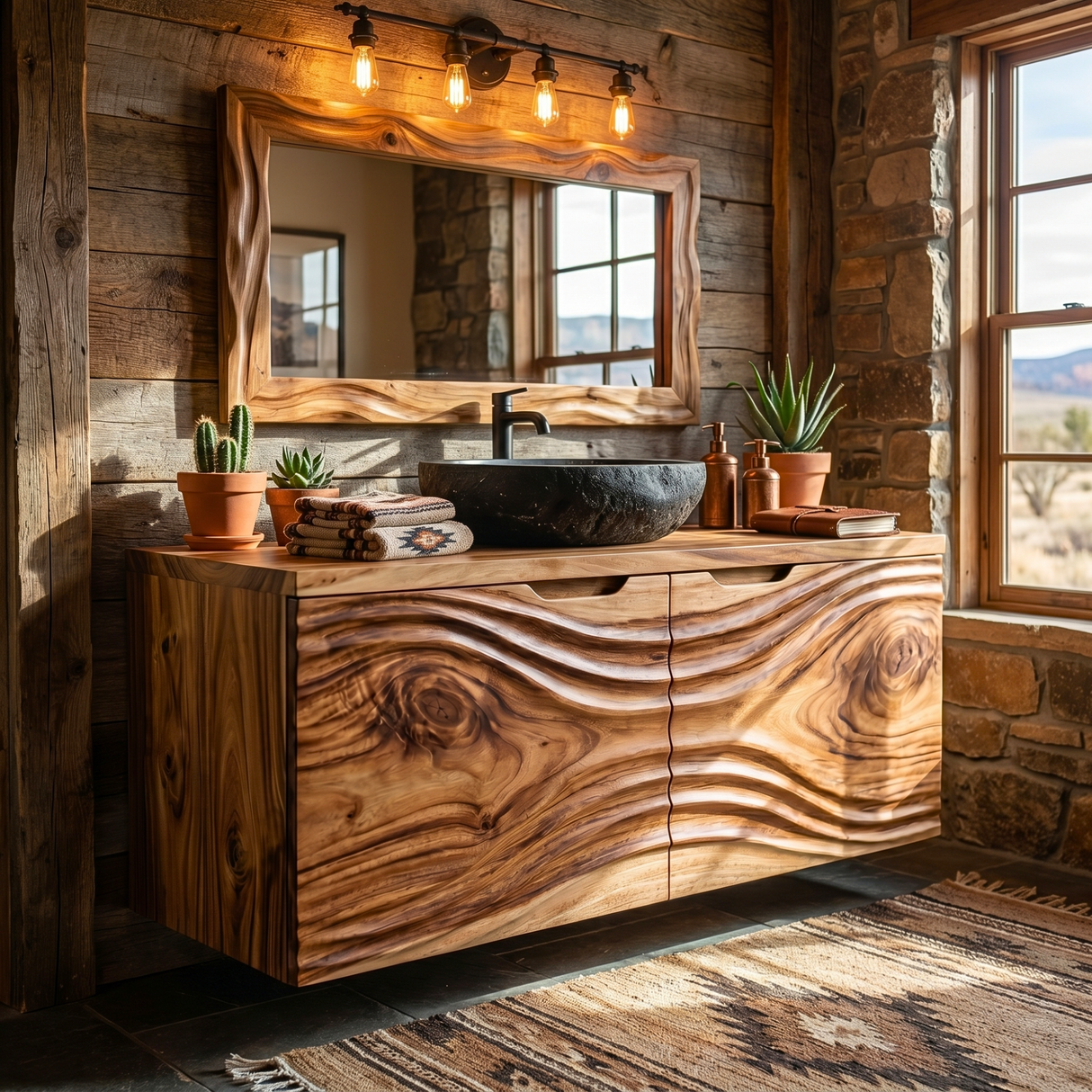 Hand Carved Solid Wood Bathroom Vanity with Flowing Organic Grain Design