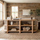 Handcrafted Solid Wood Organic Open Shelf Sideboard Console with Sculptural Curved Frame