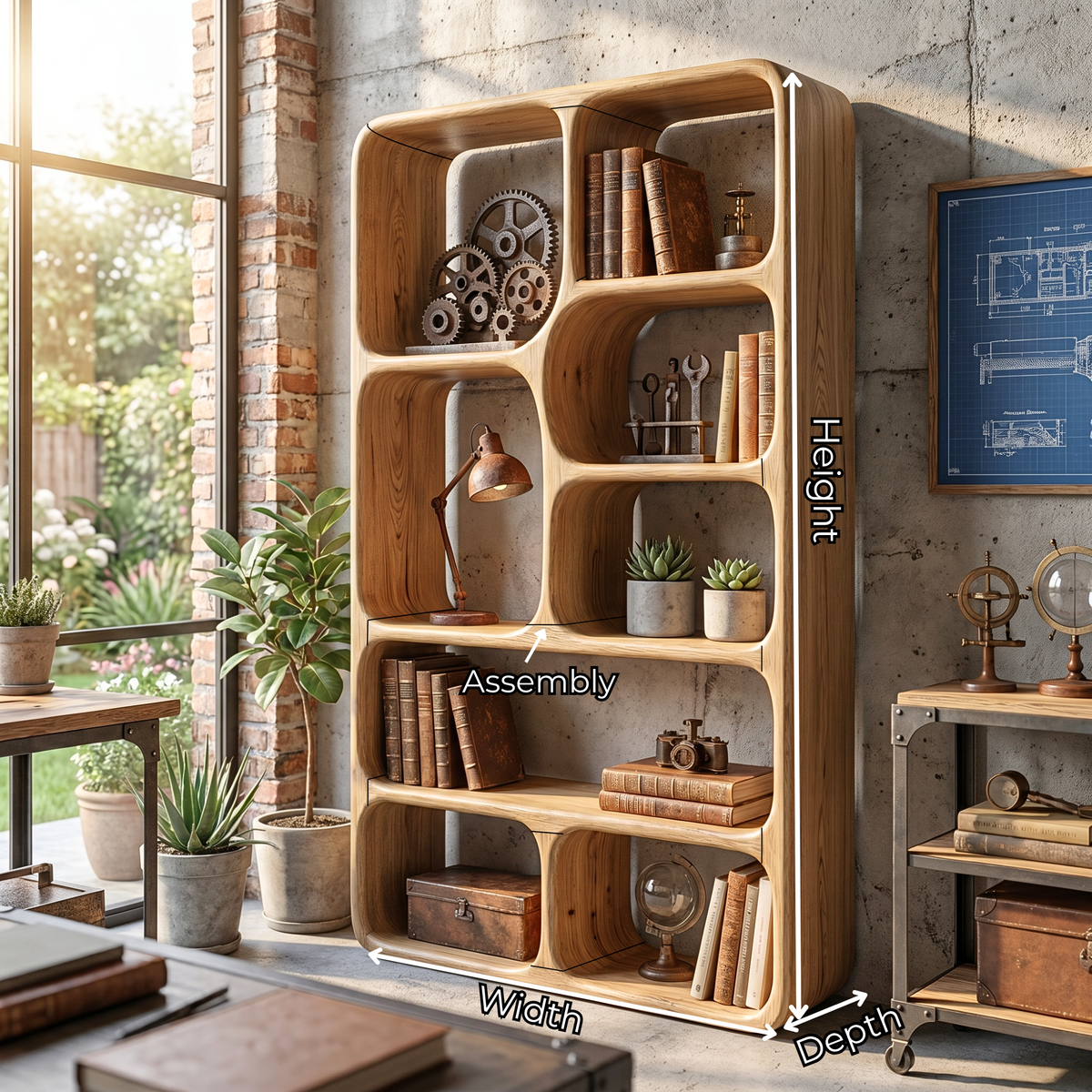 Organic Solid Wood Bookshelf with Rounded Open Display Niches