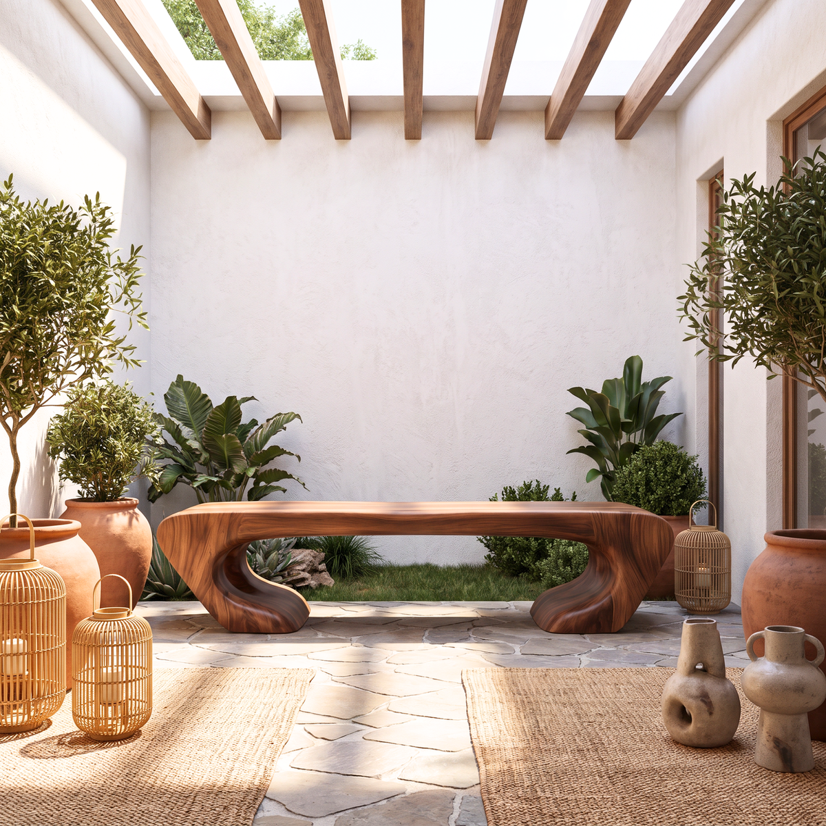 Bench Solid Wood with Sculptural Asymmetrical Base and Flowing Organic Seat