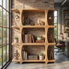 Handcrafted Solid Wood Open Bookshelf with Sculptural Frame