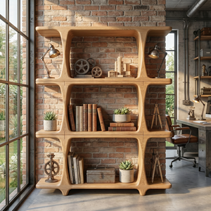 Handcrafted Solid Wood Open Bookshelf with Sculptural Frame