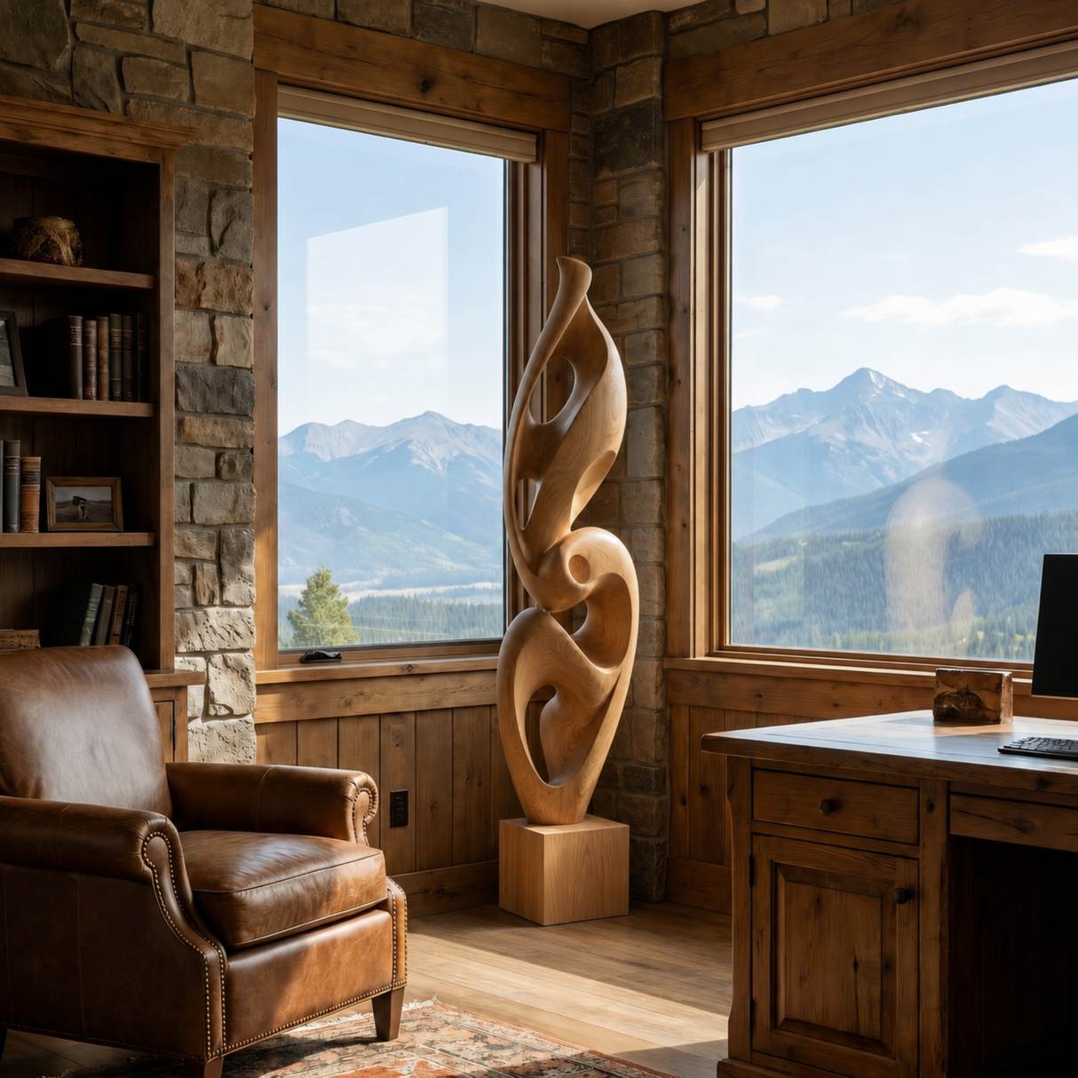 Handcrafted Solid Wood Ascending Spiral Floor Sculpture with Open Carved Form