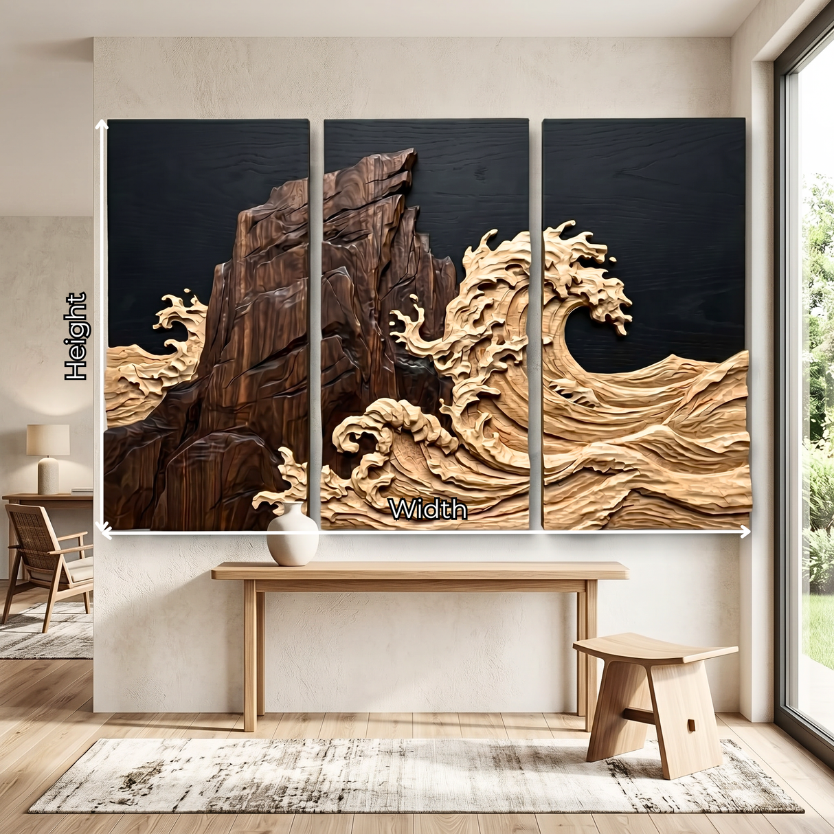 Three-Panel Carved Wood Wall Sculpture with Crashing Wave and Cliffside Relief