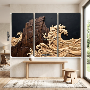 Three-Panel Carved Wood Wall Sculpture with Crashing Wave and Cliffside Relief