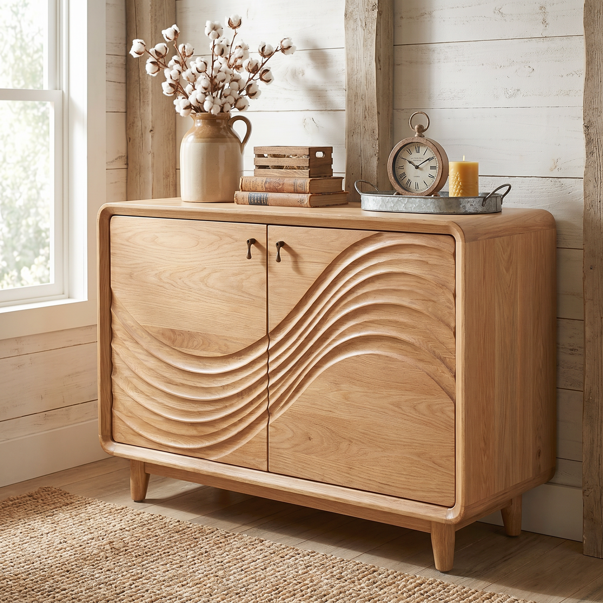 Natural Solid Wood Sideboard with Flowing Relief Carved Front