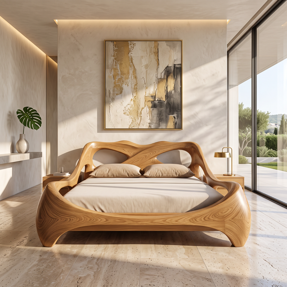 Sculptural Solid Wood Bed Frame with Organic Curved Headboard