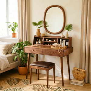 Handcrafted Solid Wood Vanity Desk with Open Organizer Shelf and Drawer Storage