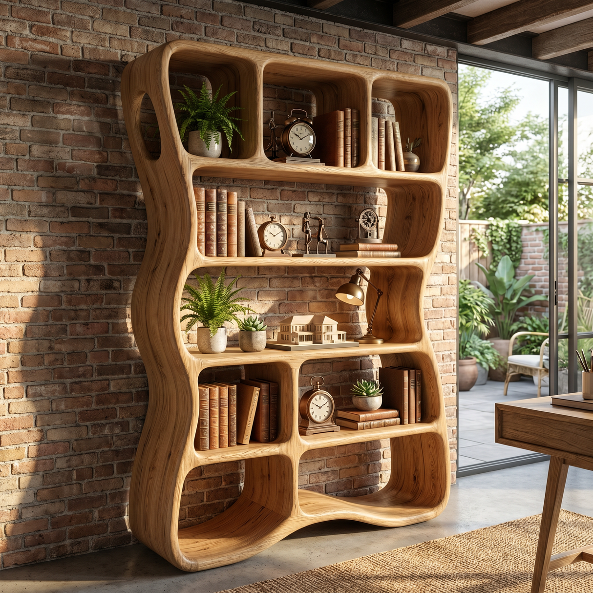 Handcrafted Solid Wood Organic Bookshelf with Rounded Open Shelves