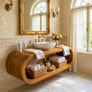 Organic Solid Wood Floating Bathroom Vanity with Sculptural Curved Form