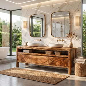 Bathroom Vanity Solid Wood with Double Sink and Open Shelf Storage for Lodge Bathroom