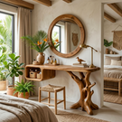 Handmade Solid Wood Vanity Table with Floating Cubby Shelf and Sculptural Tree Base