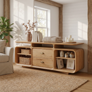 Solid Wood Low Sideboard Cabinet with Drawers and Open Storage Shelves